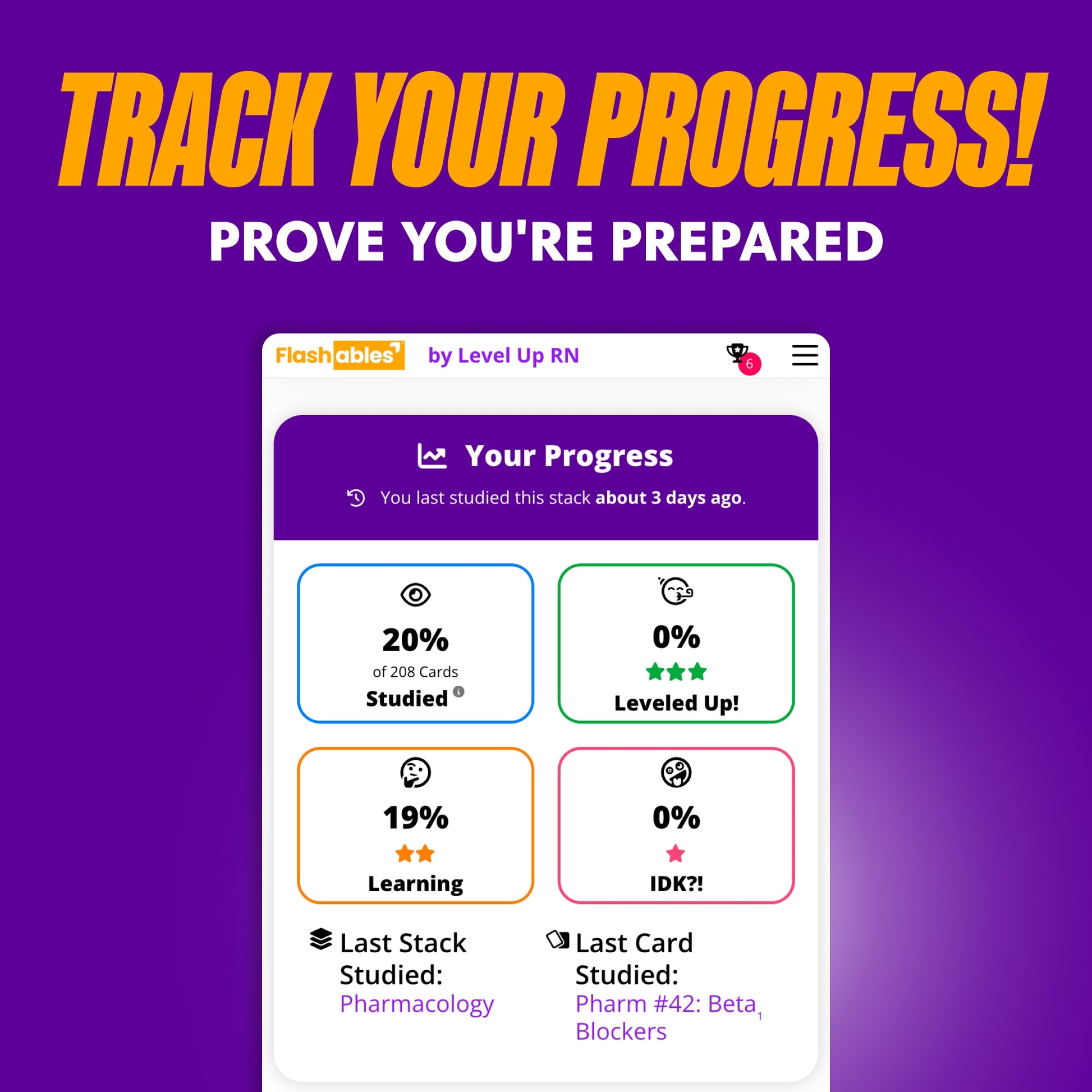 Track Your Progress! Prove You're Prepared. Screenshot of Your Progress dashboard, with 20% studied, 0% leveled up, 19% learning, and 0% studied
