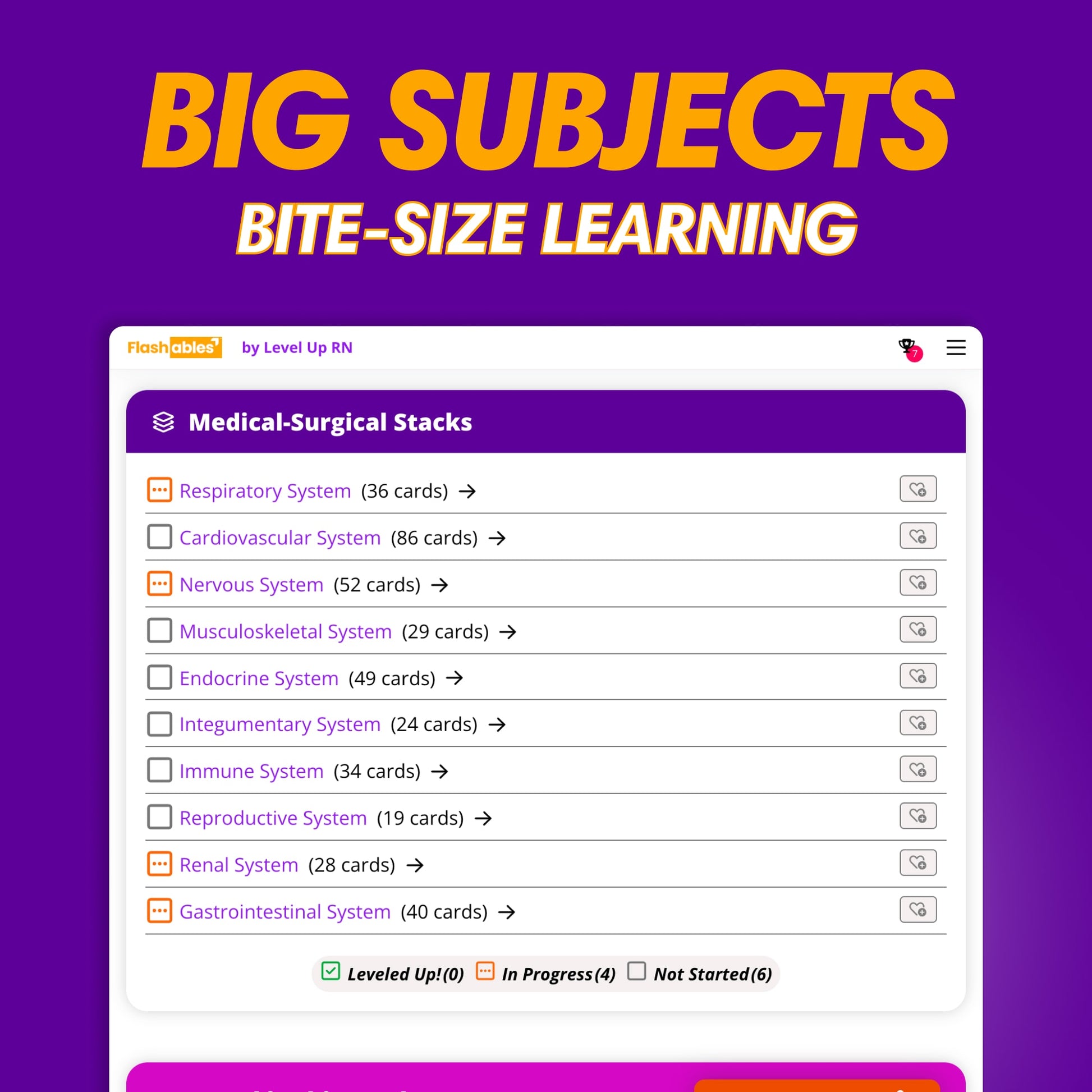 Big Subjects, Bite-Size Learning. Screen shows Medical-Surgical Stacks by body system
