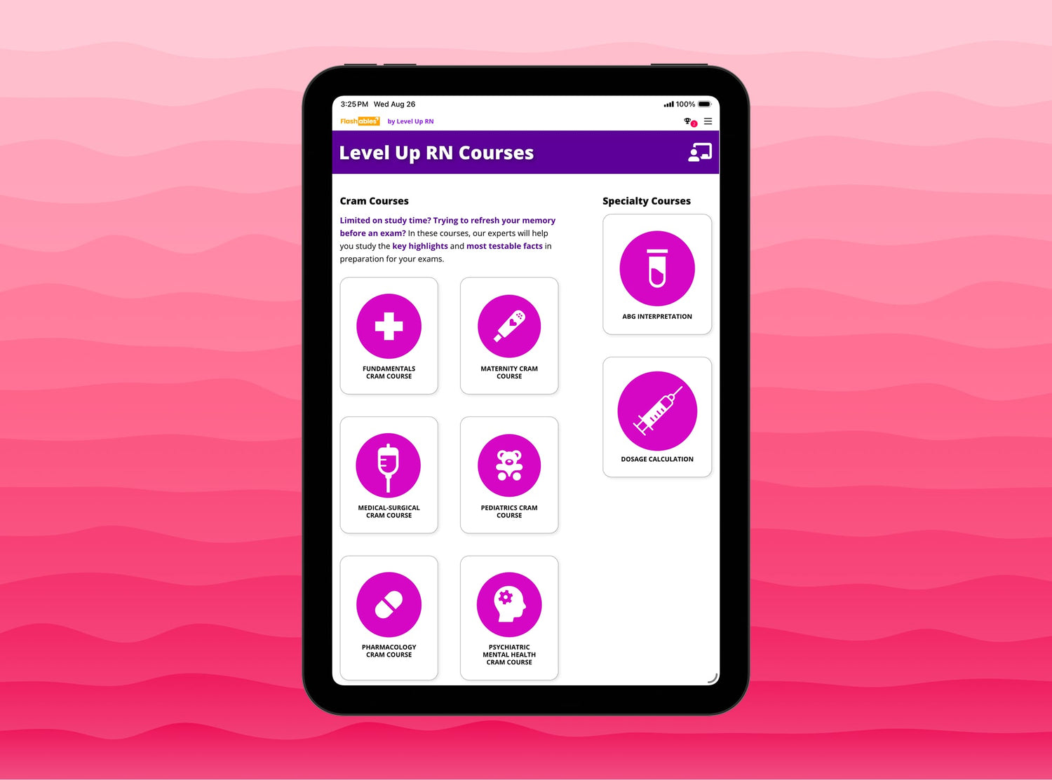 an ipad showing a selection of cram courses on flashables