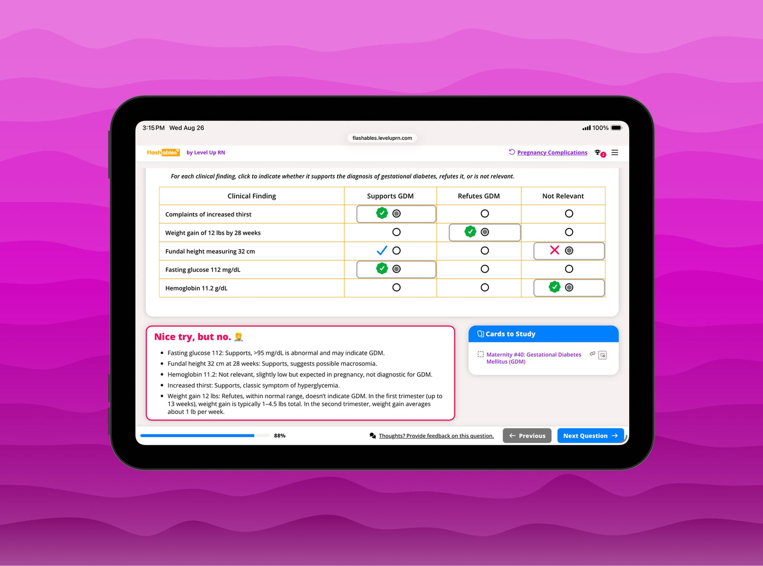 an ipad showing an nexgen NCLEX style question on flashables