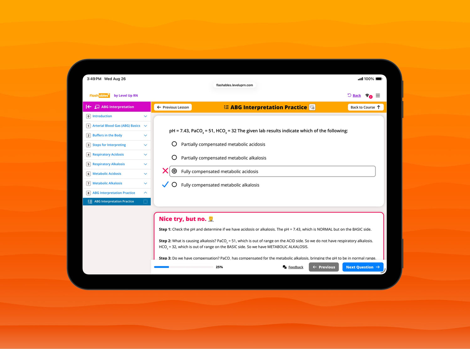 an ipad showing the ABG interpretation course on flashables