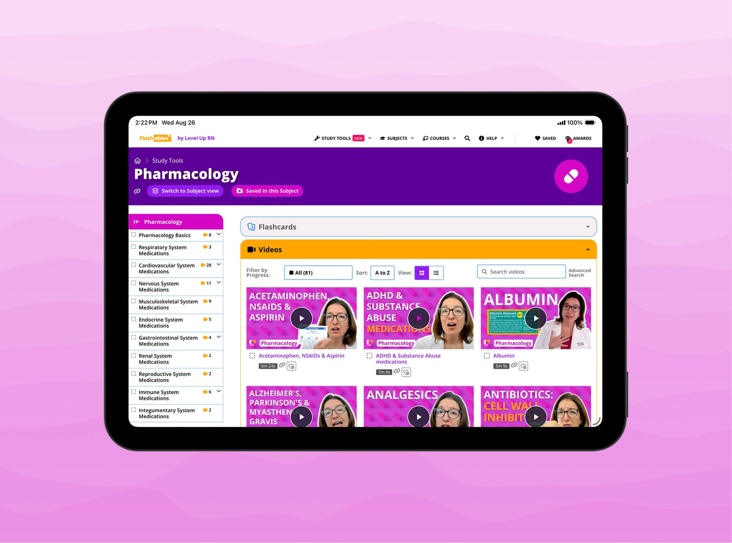 an ipad showing a video library in the pharmacology course on flashables