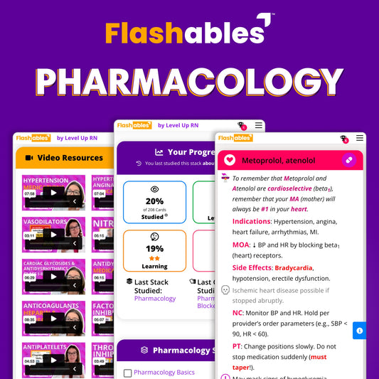 Flashables - Digital Nursing Flashcards - Pharmacology Edition learning platform interface on a purple background