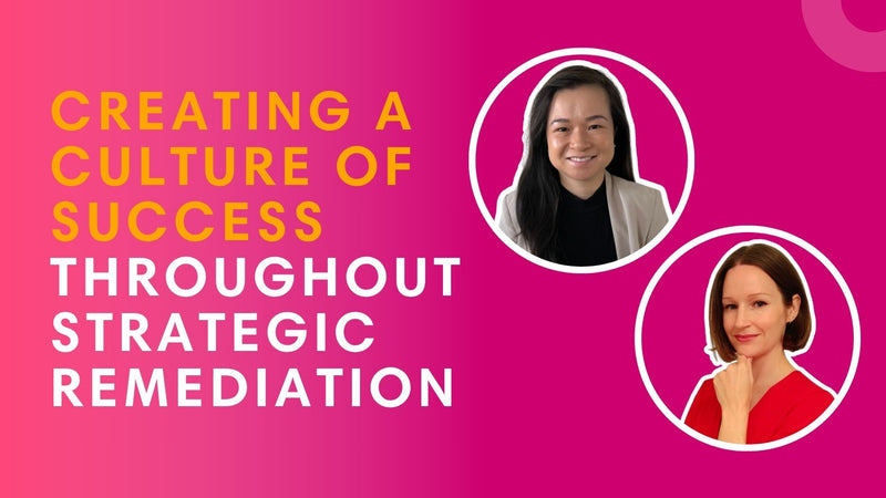 Promotional graphic with the text 'CREATING A CULTURE OF SUCCESS THROUGHOUT STRATEGIC REMEDIATION' on a bright pink-to-magenta gradient background, alongside two circular headshots of women.