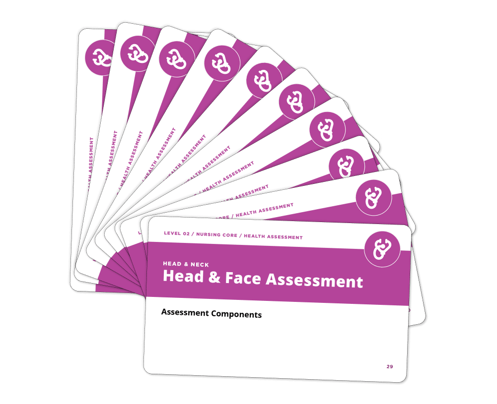 Fanned display of Health Assessment - Nursing Flashcards from section: Head, Face & Neck Assessment