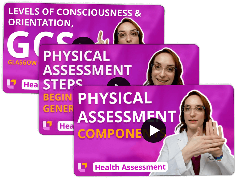 Stack of videos for Health Assessment - Nursing Flashcards, featuring teaching on: Assessment Steps, General Survey, LOC, & More
