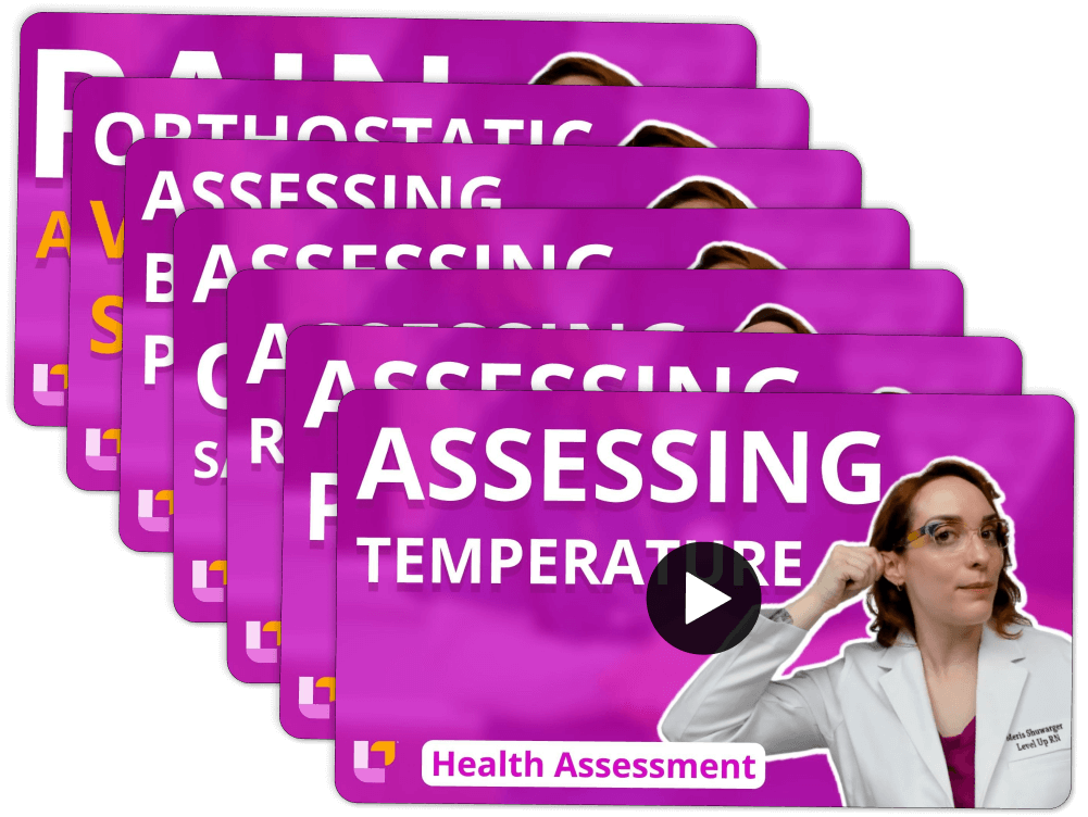 Stack of videos for Health Assessment - Nursing Flashcards, featuring teaching on: Vital Signs & Pain Assessment