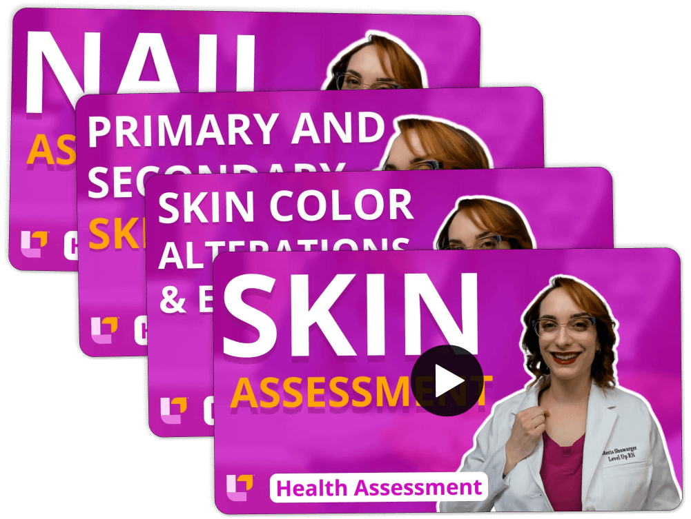 Stack of videos for Health Assessment - Nursing Flashcards, featuring teaching on: Skin & Nails Assessment