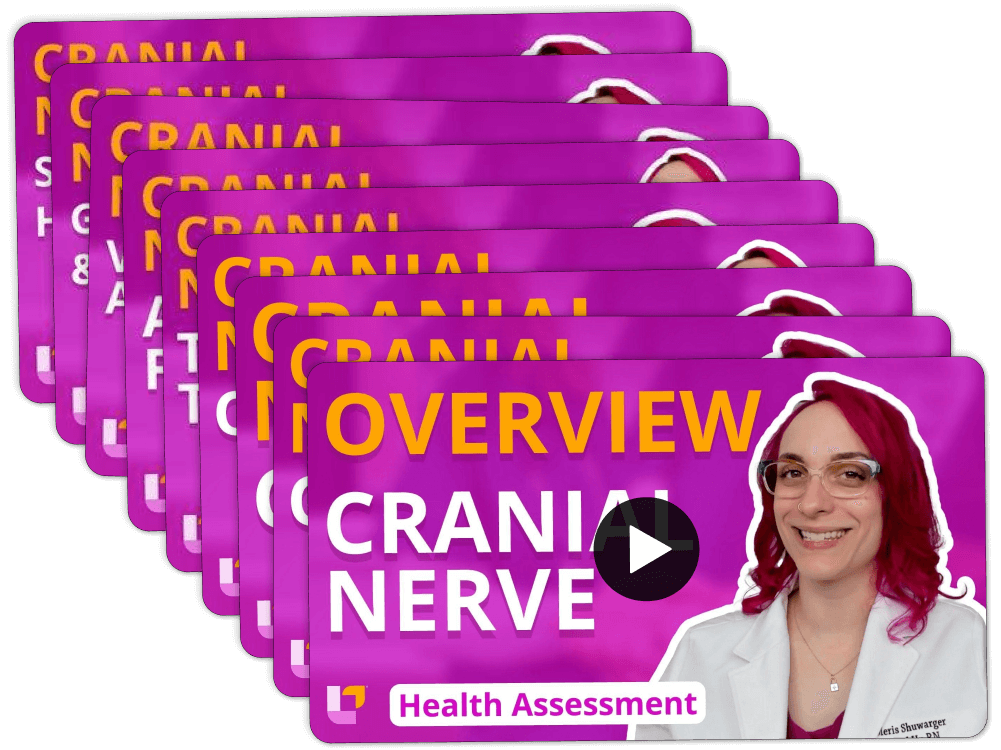 Stack of videos for Health Assessment - Nursing Flashcards, featuring teaching on: Cranial Nerve Assessment