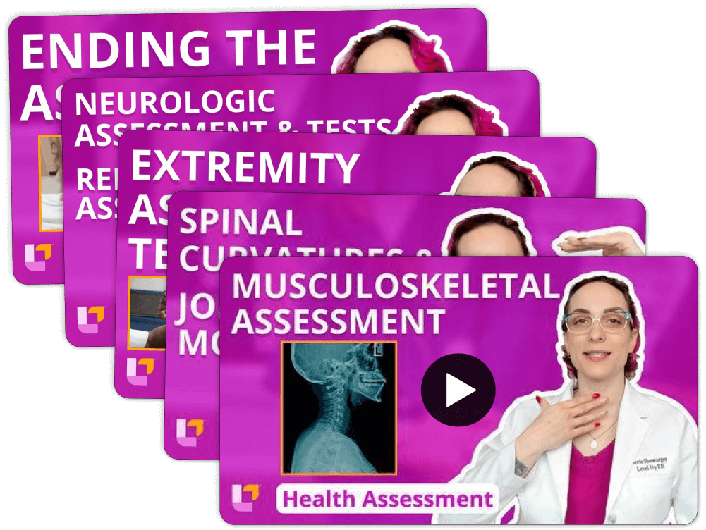 Stack of videos for Health Assessment - Nursing Flashcards, featuring teaching on: Musculoskeletal & Neurological Assessment