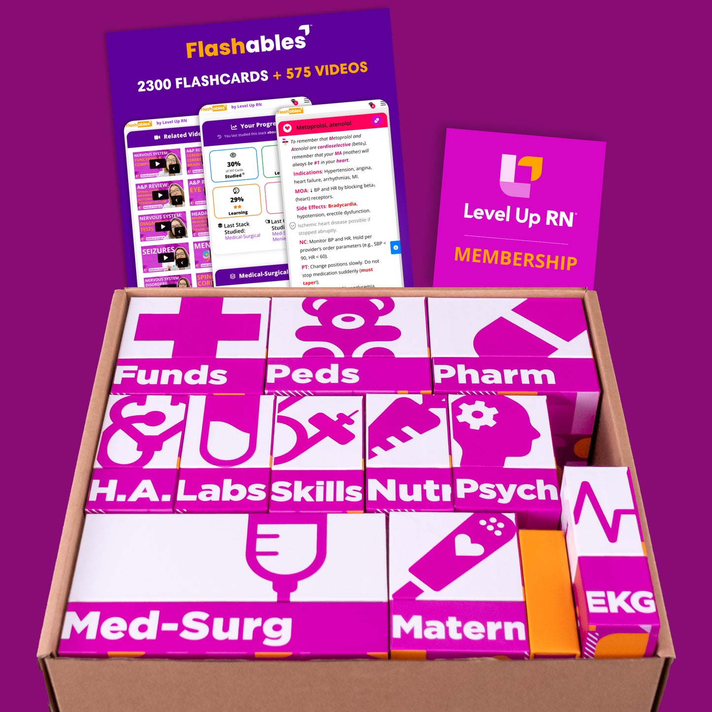The Ultimate Nursing School Survival Kit - Flashcards box, shown with Flashables - Digital Nursing Flashcards - NCLEX Edition and Level Up RN Membership