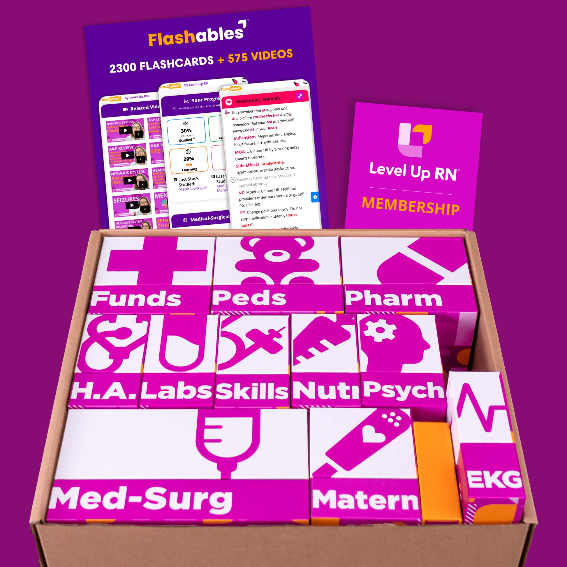 The Ultimate Nursing School Survival Kit - Flashcards box, shown with Flashables - Digital Nursing Flashcards - NCLEX Edition and Level Up RN Membership