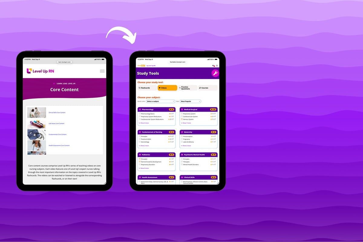 Level Up RN Membership core content screen transitioning to the Flashables study tools dashboard on mobile.