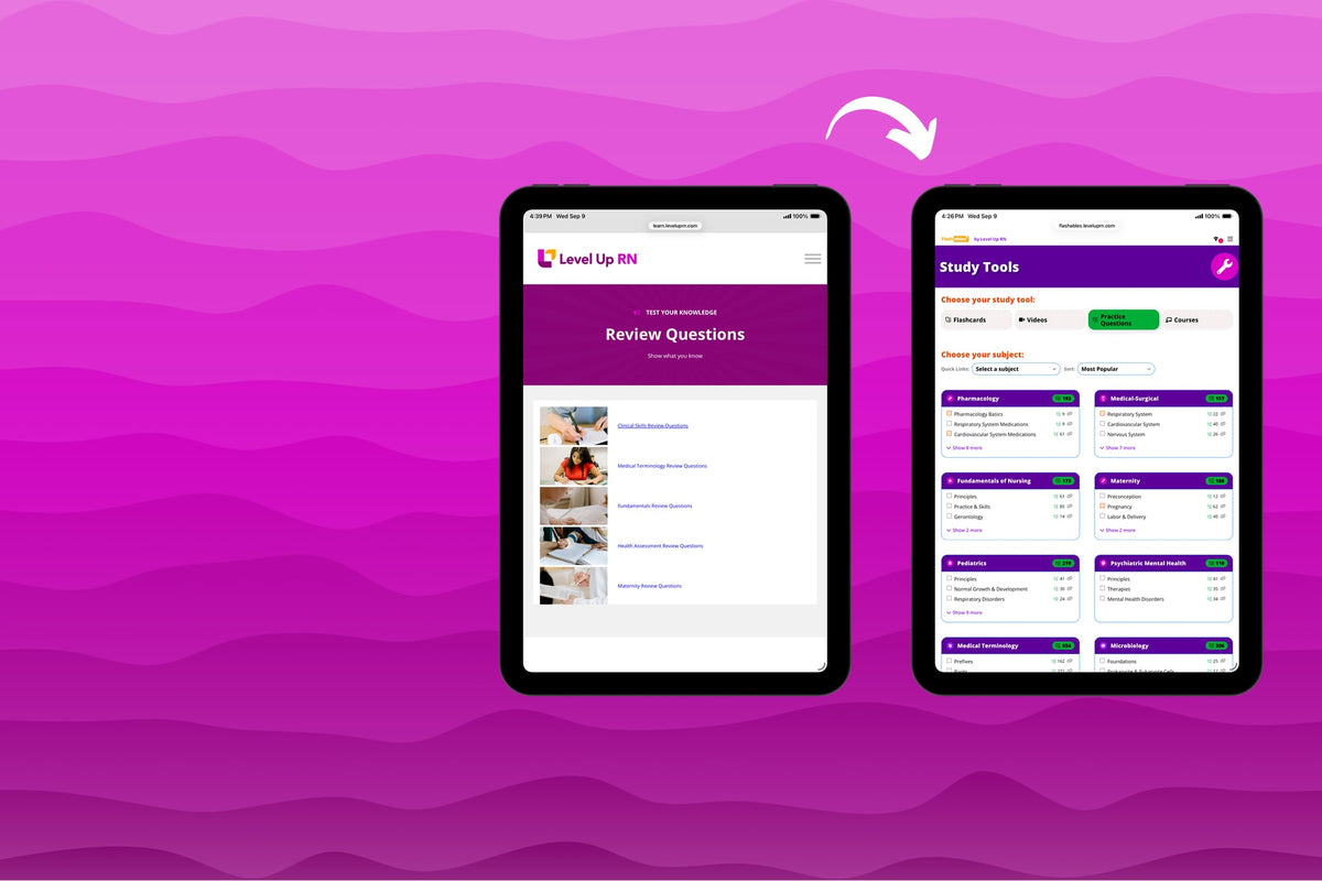 Level Up RN Membership review questions page transitioning to the Flashables study tools dashboard.