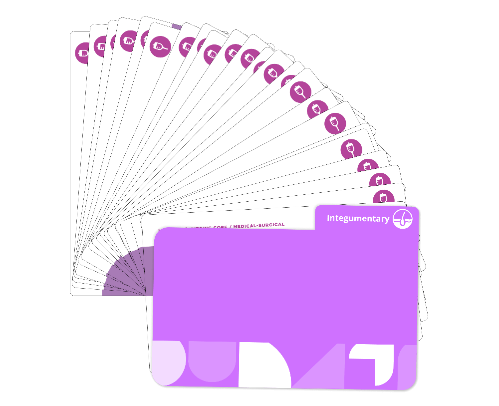 Integumentary system Medical-Surgical Nursing flashcards fanned display with purple cover
