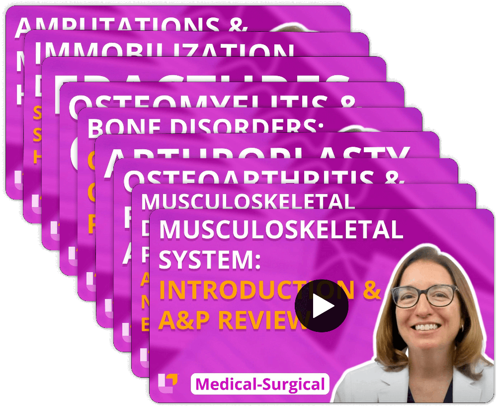 Musculoskeletal system video stack with Cathy Parkes RN covering multiple topics from Medical-Surgical Nursing flashcards