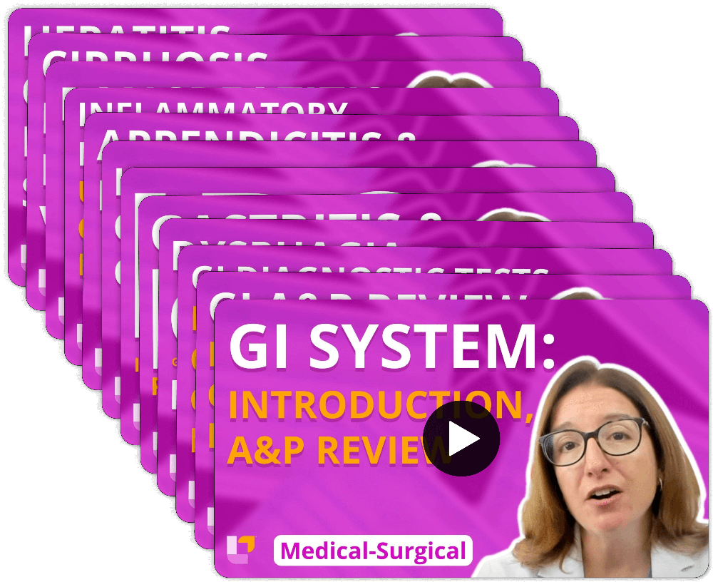 GI system video stack with Cathy Parkes RN covering multiple topics from Medical-Surgical Nursing flashcards