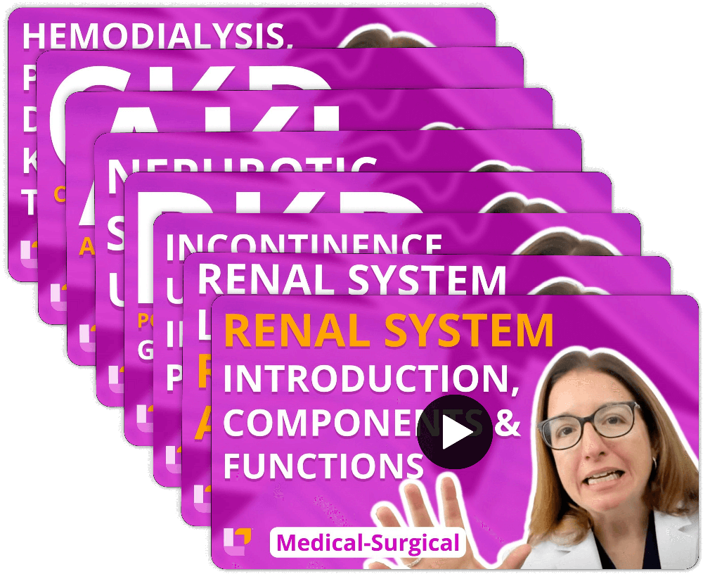 Renal system video stack with Cathy Parkes RN covering multiple topics from Medical-Surgical Nursing flashcards