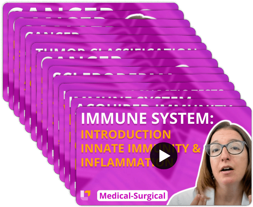 Immune system video stack with Cathy Parkes RN covering multiple topics from Medical-Surgical Nursing flashcards