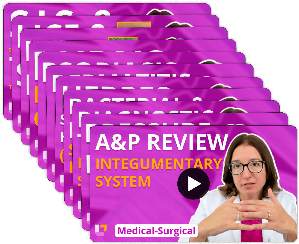 Integumentary system video stack with Cathy Parkes RN covering multiple topics from Medical-Surgical Nursing flashcards