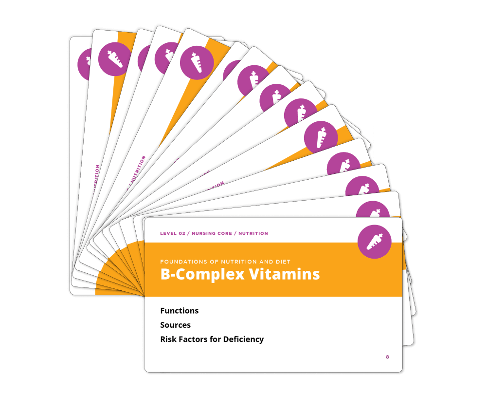 Fanned display of Nutrition Essentials - Nursing Flashcards from section:  Micronutrients: Vitamins, Electrolytes, Trace Minerals