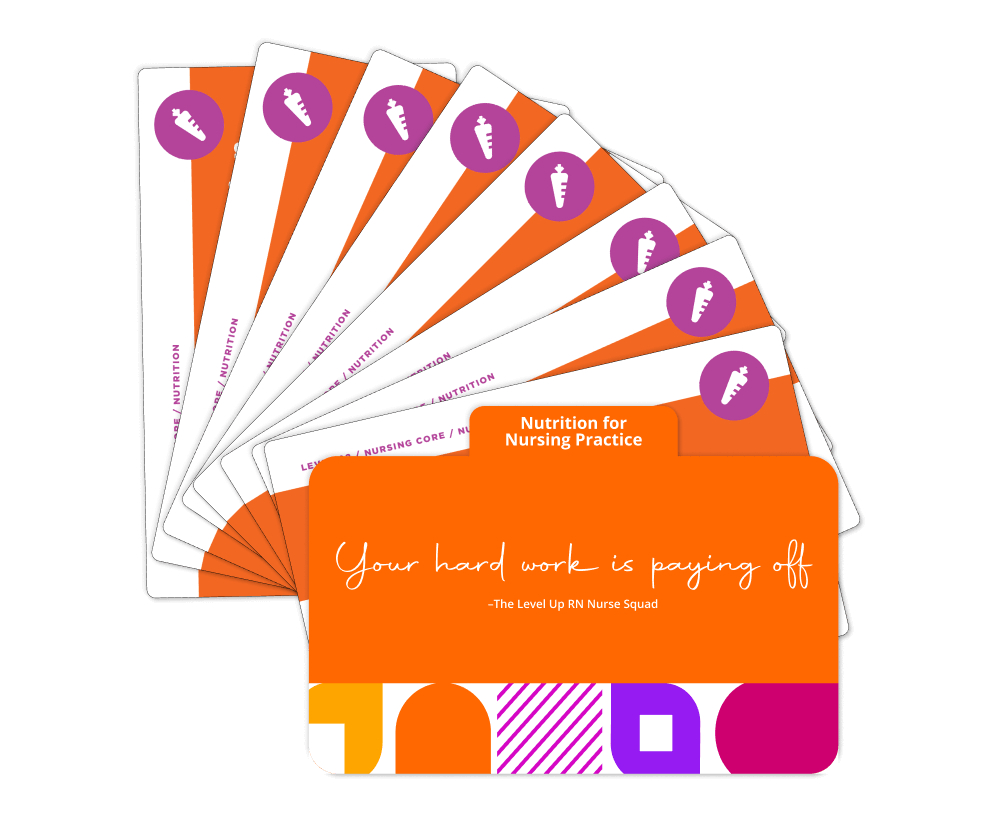 Fanned display of Nutrition Essentials - Nursing Flashcards from section:  Oral Diets, Enteral & Parental Nutrition, Medication Interactions