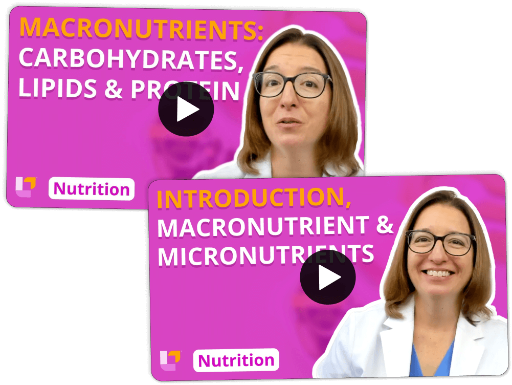 Stack of videos for Nutrition Essentials - Nursing Flashcards, featuring teaching on Macronutrients: Carbohydrates, Lipids, Proteins