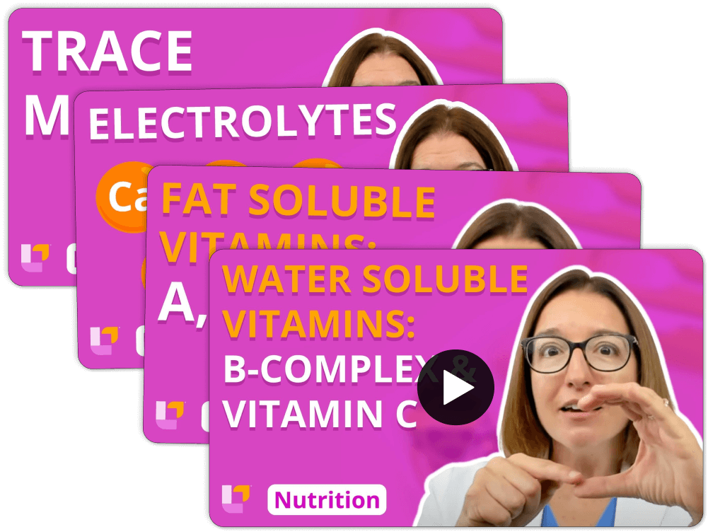 Stack of videos for Nutrition Essentials - Nursing Flashcards, featuring teaching on Micronutrients: Vitamins, Electrolytes, Trace Minerals