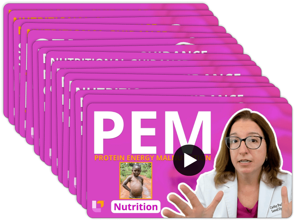 Stack of videos for Nutrition Essentials - Nursing Flashcards, featuring teaching on Disorders: Respiratory, Cardiovascular, GI, and Others