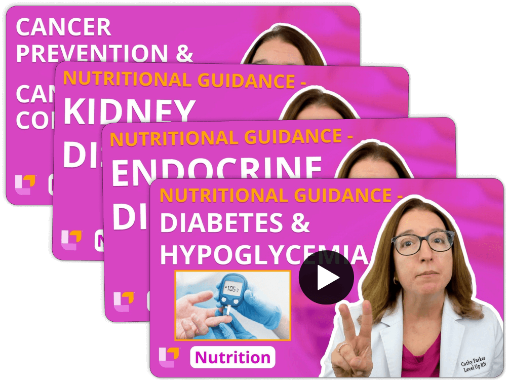 Stack of videos for Nutrition Essentials - Nursing Flashcards, featuring teaching on Disorders: Endocrine, Renal, and Cancer