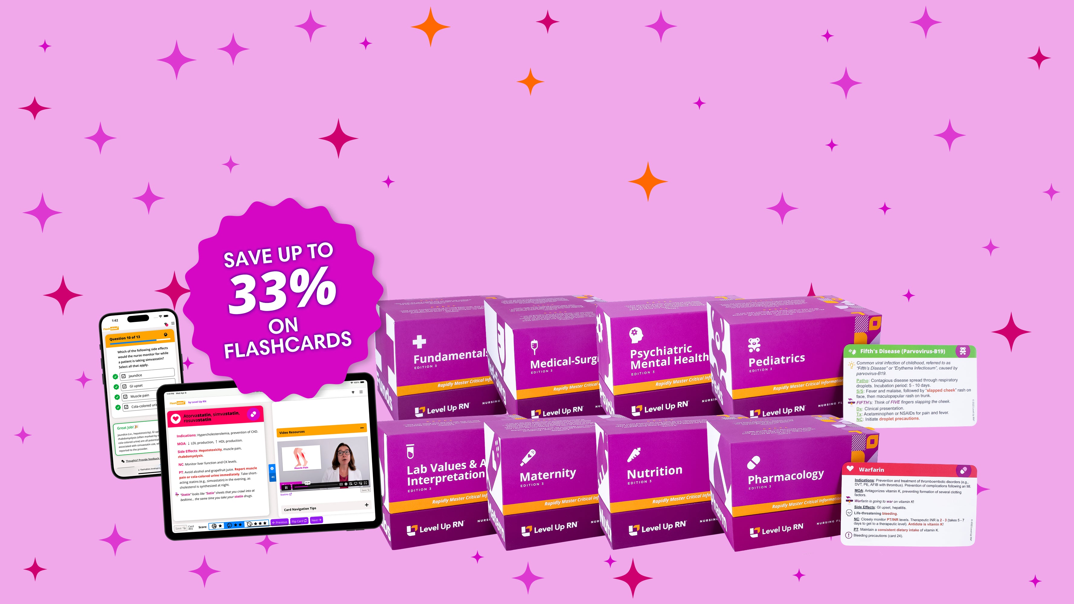 Save up to 33% on flashcards. Shown: The Ultimate Nursing School Survival Kit - with Flashables and Membership