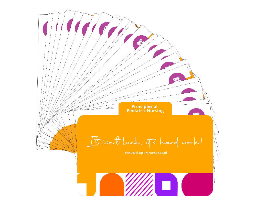 Principles of Pediatric Nursing flashcards fanned display covering child development theories, family-centered care, communication with pink cover