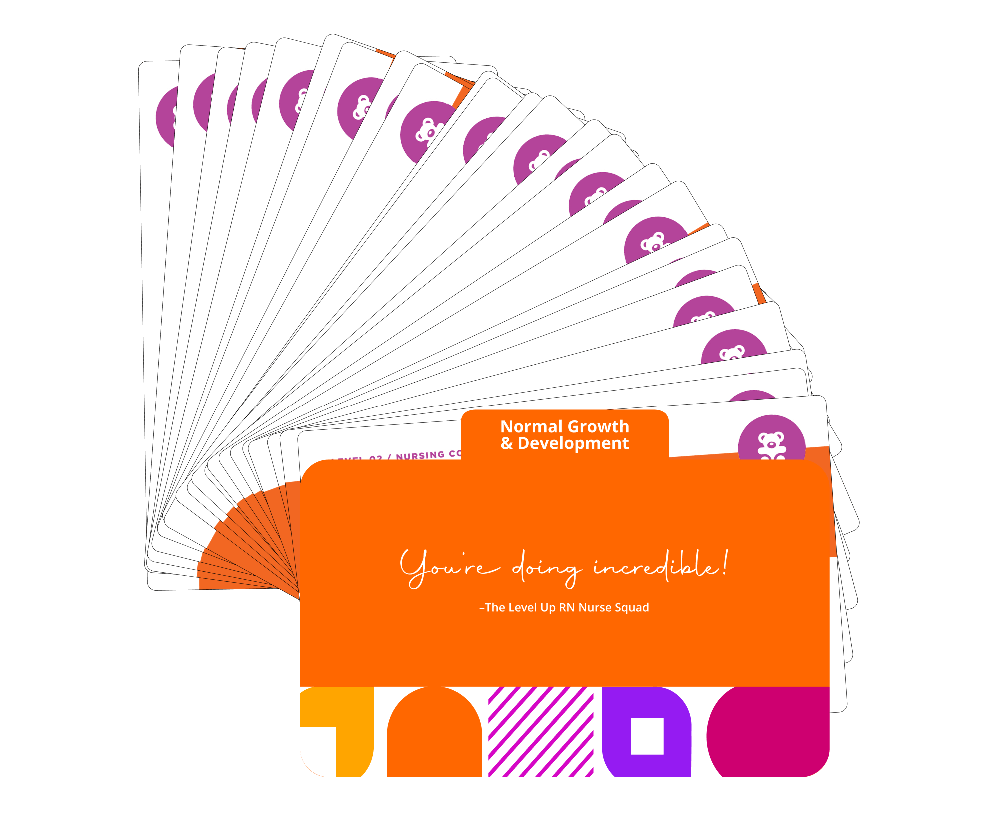 Normal Growth and Development Pediatric Nursing flashcards fanned display covering developmental milestones, age-specific care with pink cover
