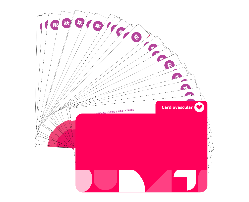Cardiovascular system Pediatric Nursing flashcards fanned display covering congenital heart defects, murmurs, cardiac conditions with red cover