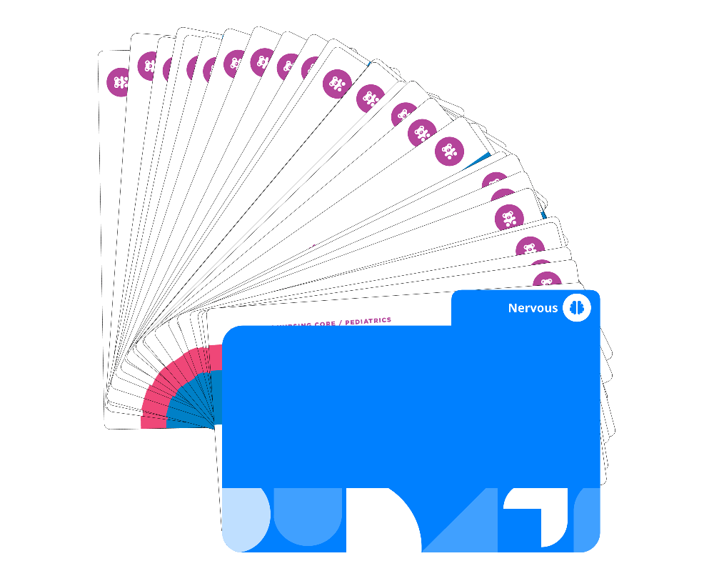 Nervous system Pediatric Nursing flashcards fanned display covering seizures, cerebral palsy, neurological conditions with blue cover