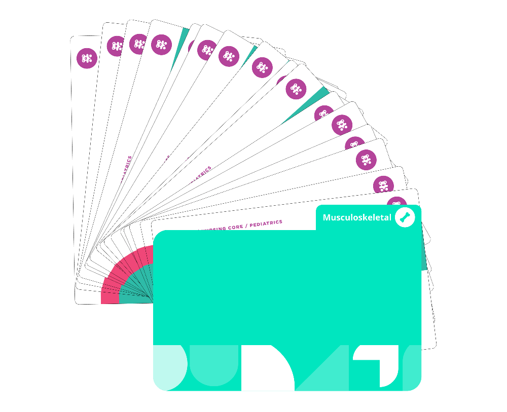 Musculoskeletal system Pediatric Nursing flashcards fanned display covering fractures, scoliosis, bone and joint disorders with teal cover