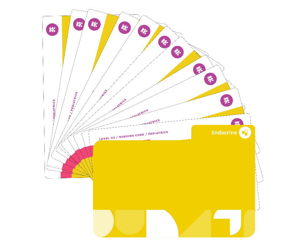 Endocrine system Pediatric Nursing flashcards fanned display covering diabetes, growth disorders, hormonal conditions with yellow cover