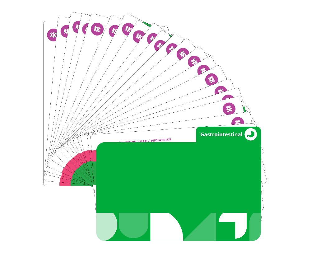 Gastrointestinal system Pediatric Nursing flashcards fanned display covering GI disorders, feeding issues, digestive conditions with green cover