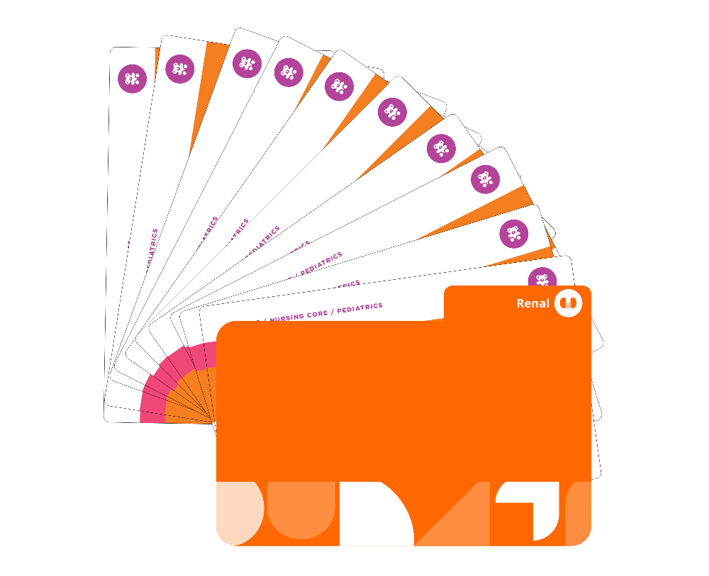 Renal system Pediatric Nursing flashcards fanned display covering kidney disorders, UTIs, fluid and electrolyte balance with orange cover