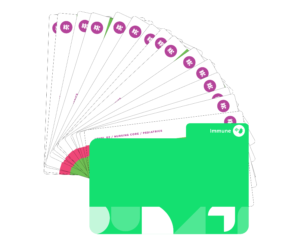 Immune system Pediatric Nursing flashcards fanned display covering immunodeficiencies, allergies, autoimmune disorders with green cover