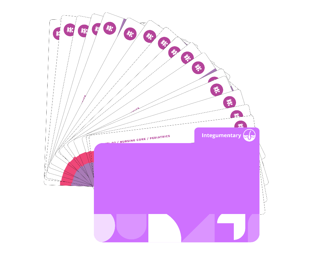 Integumentary system Pediatric Nursing flashcards fanned display covering skin conditions, burns, wound care, rashes with purple cover