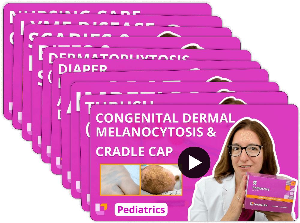 Integumentary system video stack with Cathy Parkes RN covering skin conditions, burns, wound healing from Pediatric Nursing flashcards
