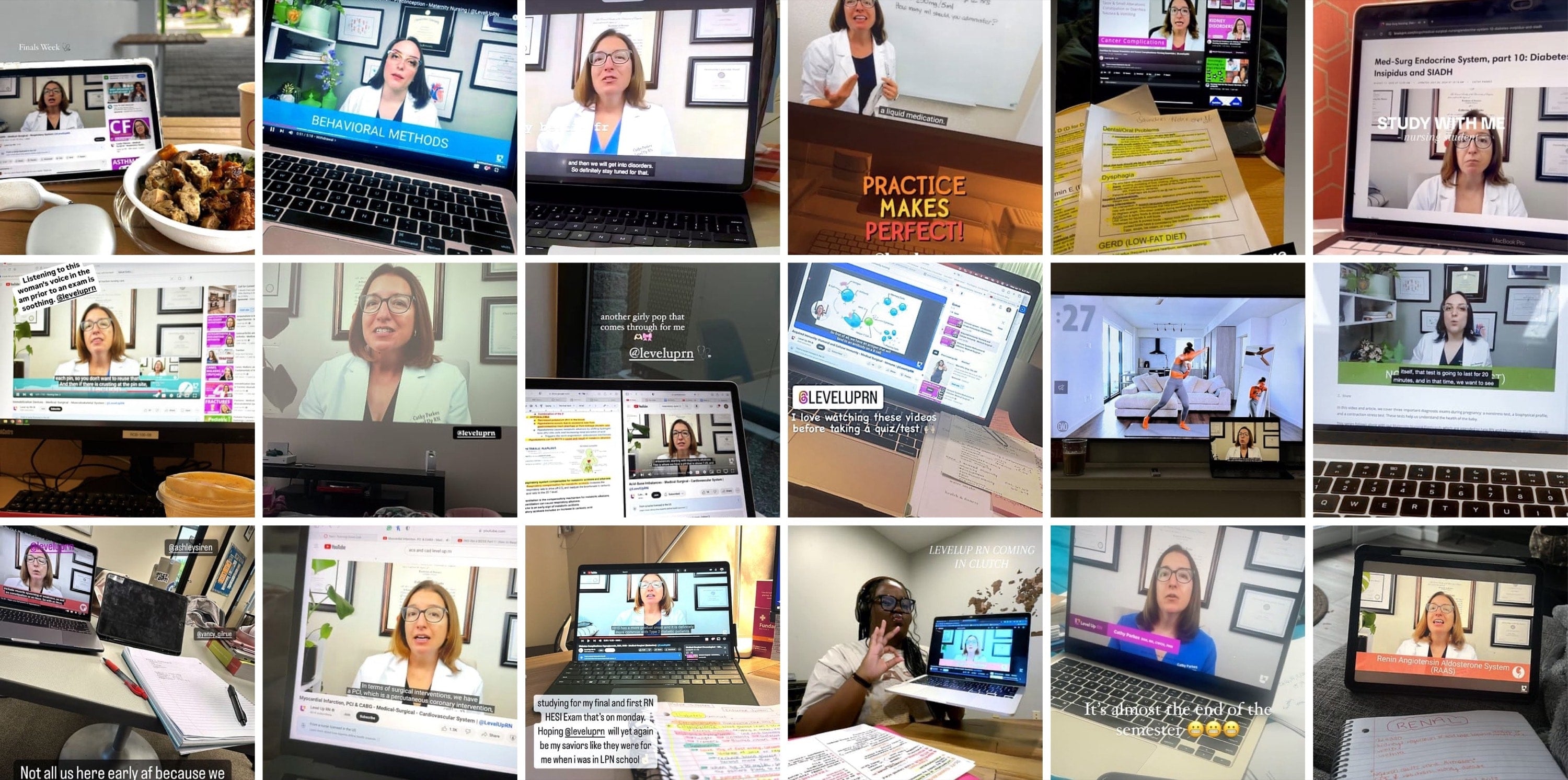 a collage of different people's laptops, tablets and TVs with cathy parkes and meris shuwarger nursing education videos playing