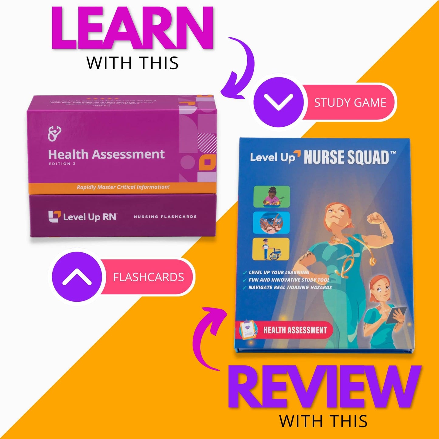 Learn with the flashcards, review with the study game