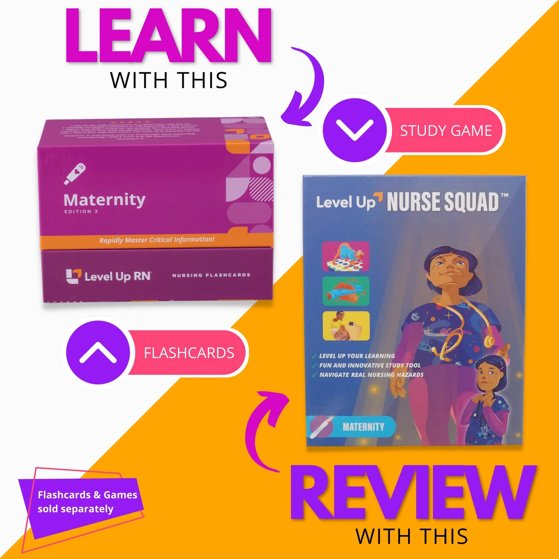 Learn with the flashcards, review with the study game (sold separately)