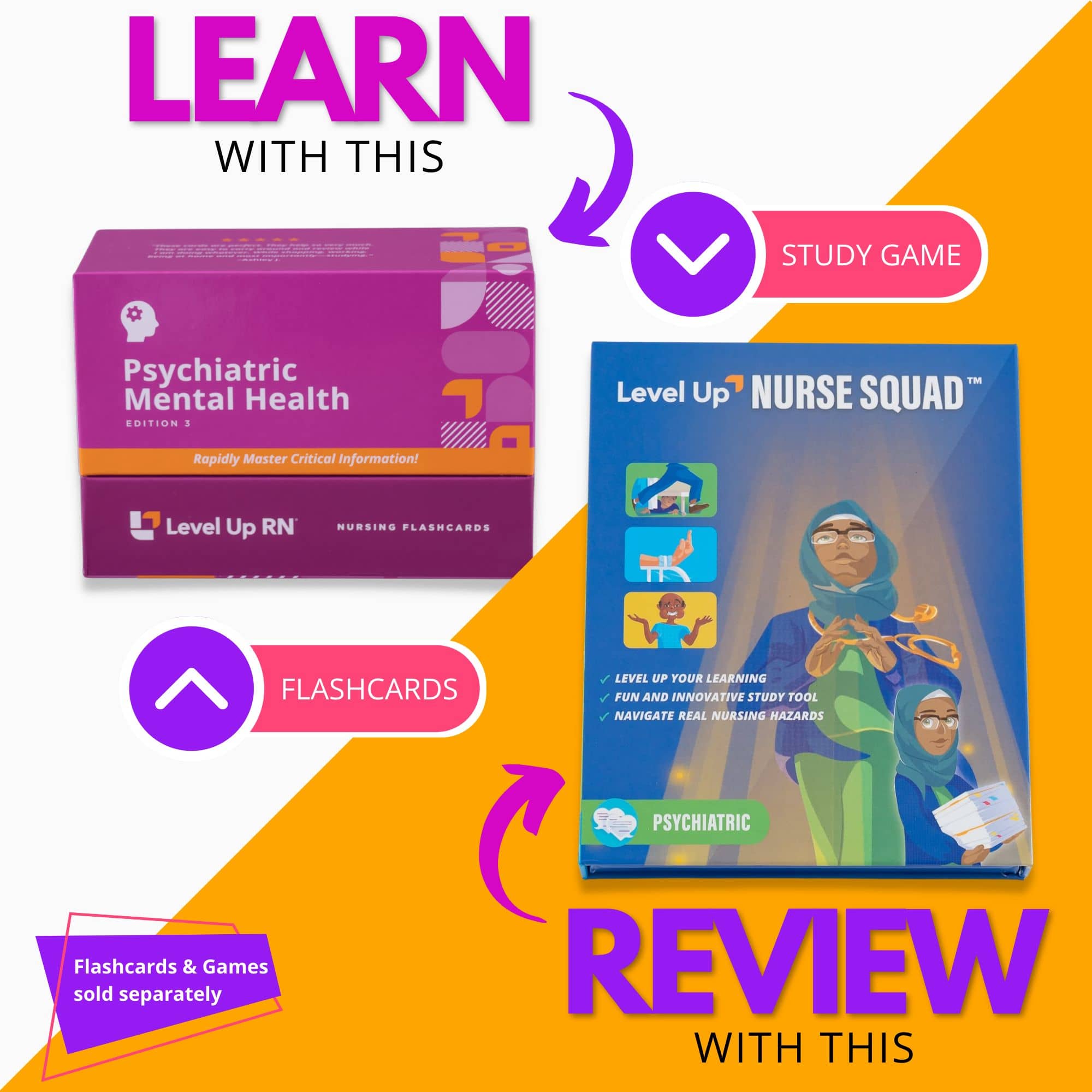 Learn with the flashcards, review with the study game (sold separately)