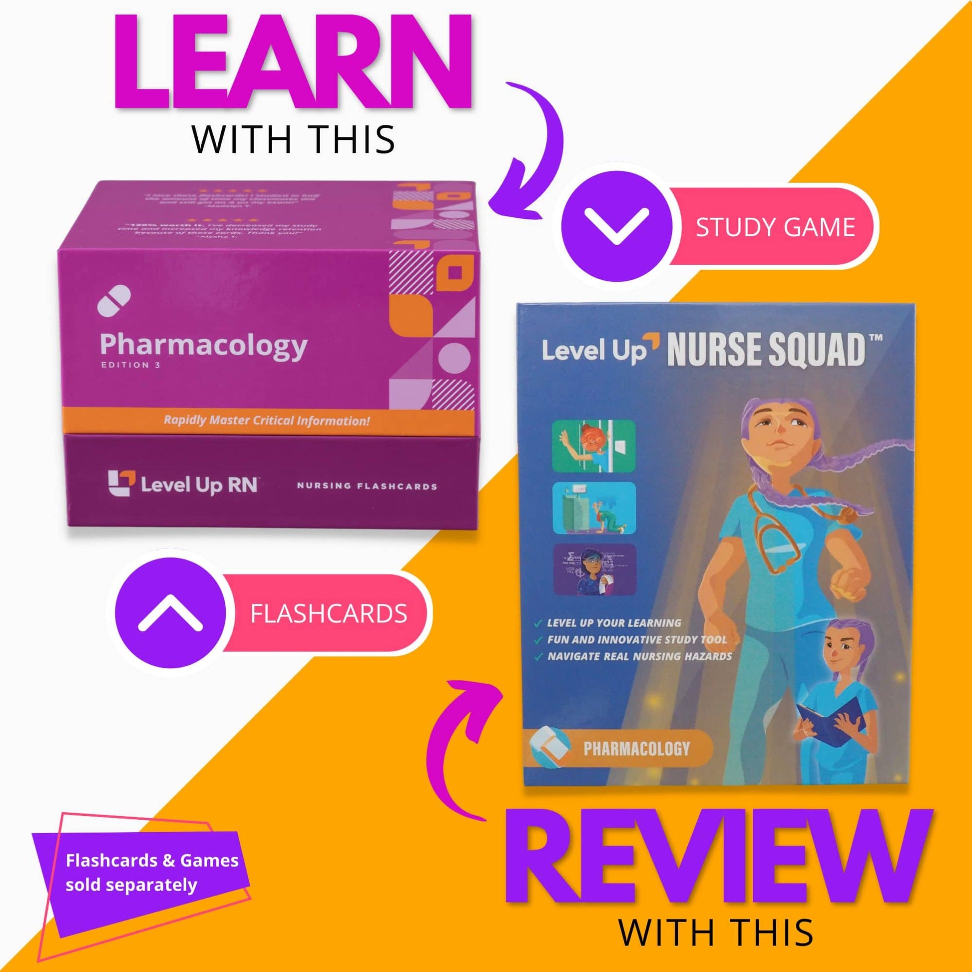 Pharmacology - Nurse Squad Study Card Review Games - Level Up Rn - Study Guide for Ati, HESI, Nclex Exams - for Nursing Students
